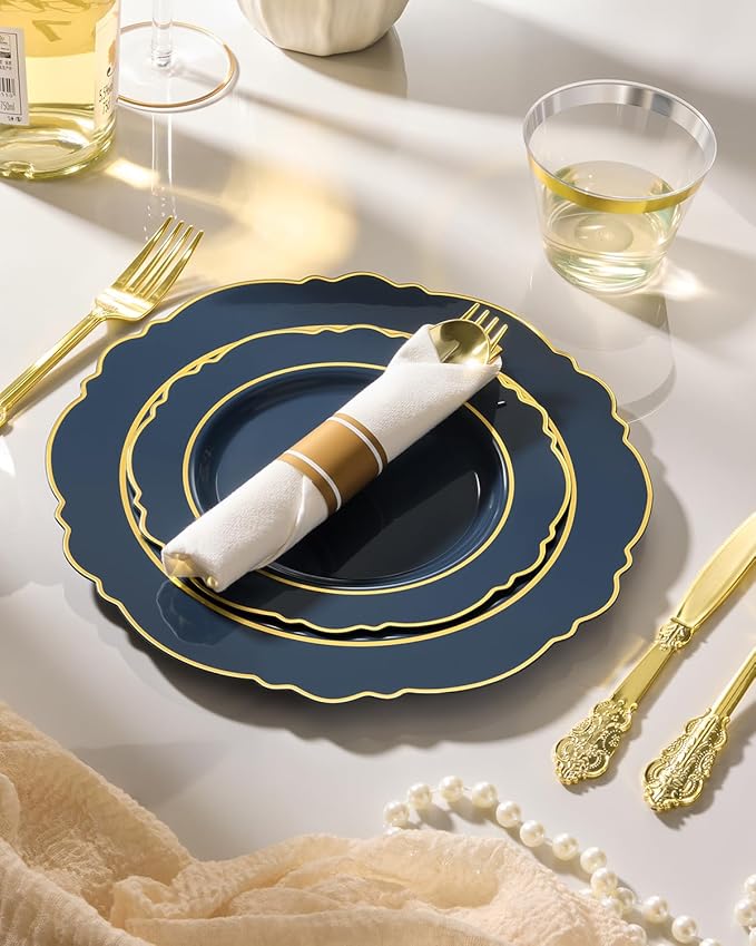 realluck 350 Piece Navy Blue Plastic Dinnerware Set for 50 Guests Elegant Baroque Disposable Dinnerware for Weddings, Parties, 100 Plastic Plates, 50 Pre Rolled Napkins with Silverware, 50 Cups