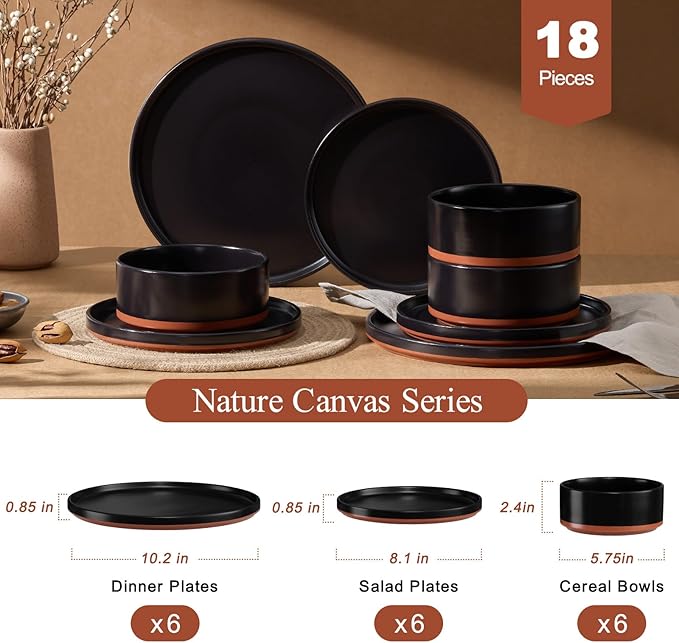 LIANYU Plates and Bowls Sets, 18 Pieces Stoneware Dinnerware Set for 6, Modern Kitchen Dinner Set Ceramic Dishware Dishes Set, Microwave and Dishwasher Safe, Charcoal Black