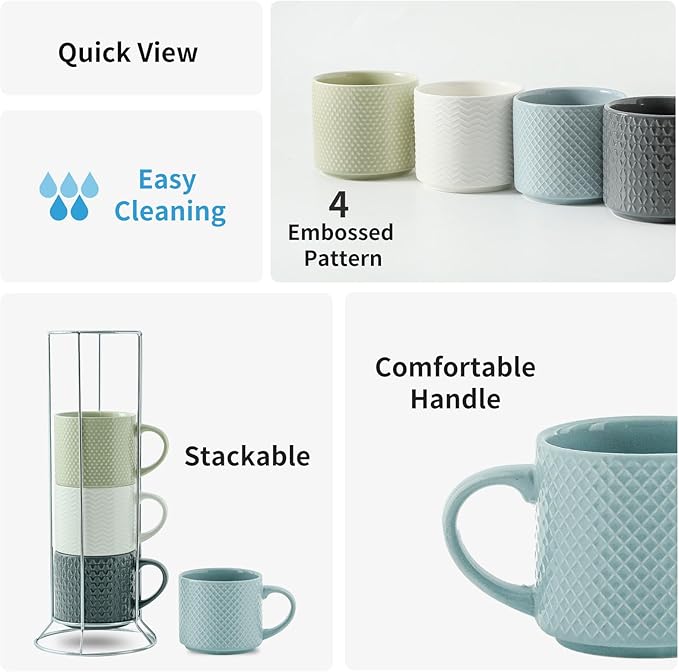 HASENSE 12 OZ Coffee Mugs Set of 4, Stackable Ceramic Coffee Mugs with Metal Stand, Embossed Coffee Cups for Latte, Cappuccino, Mocha, Cocoa, Hot Tea and Milk, Multi Color