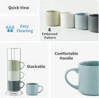 HASENSE 12 OZ Coffee Mugs Set of 4, Stackable Ceramic Coffee Mugs with Metal Stand, Embossed Coffee Cups for Latte, Cappuccino, Mocha, Cocoa, Hot Tea and Milk, Multi Color
