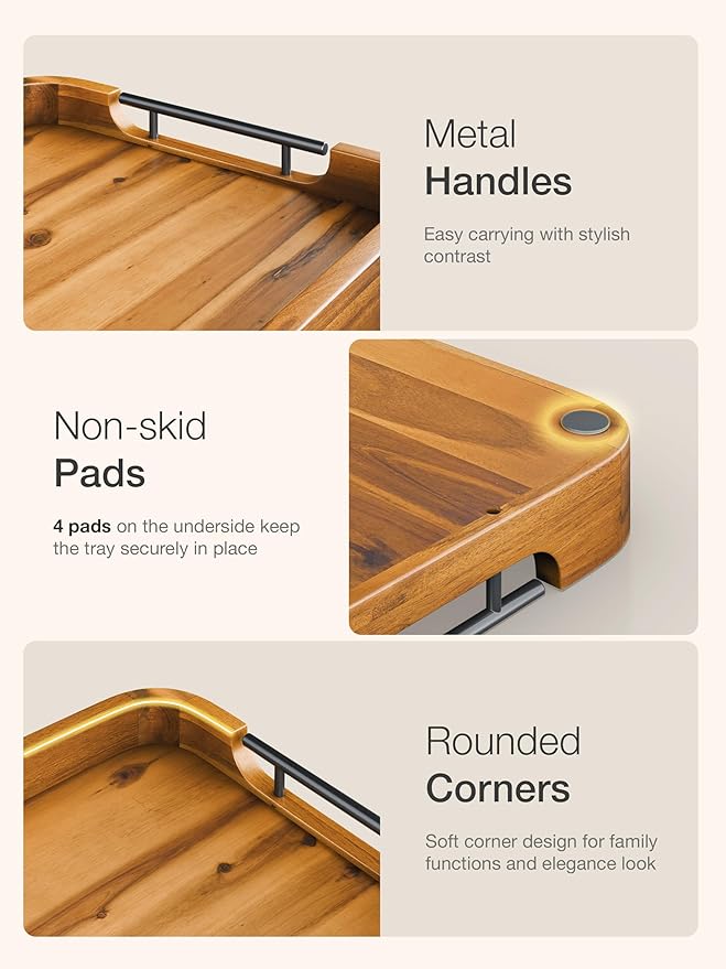 TIDITA Large Serving Tray with Handles - 20”x14” Rectangle Ottoman Tray, Wooden Tray for Ottoman, Wooden Ottoman Tray for Living Room - Decorative Trays for Coffee Table with Round Edge for Breakfast