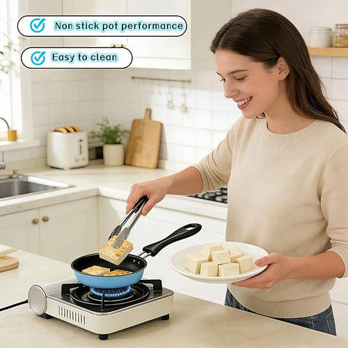 4.7 Inch Mini Frying Pan, Black Non-Stick Egg Pan with Hanging Hole, Flat Bottom Design for Gas, Induction, Electric Stove, Perfect for Single Serve Breakfast, Omelets & Camping, RV Use (Blue)