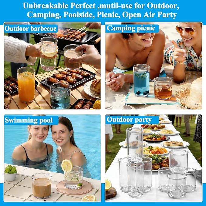 Berglander Drinking Glasses Set of 8, PET Clear Plastic Highball Glasses 14oz & Whiskey Cocktail Glasses Set 11.5oz, Heavy Duty Unbreakable Water Glasses Cup Tumbler Glassware for Beer, Juice, Milk