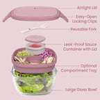 Bentgo Glass Salad Container - 7.6-Cup Salad Bowl with Airtight Lid, Leak-Proof Sauce Container, 4-Compartment Bento Tray & Reusable Fork - BPA-Free for Meal Prep, Office & More (Rose)