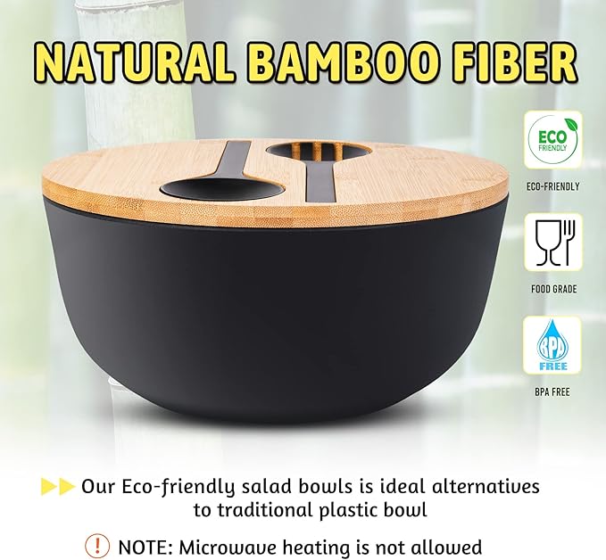 ECOWAY Bamboo Fiber Salad Bowl with Lid & Servers, 4Qt, Melamine Salad Serving Bowls Set with Bamboo Lid, Salad Mixing Bowl with Spoon Fork for Fruits Vegetables and Pasta (Black, 9.8inch)