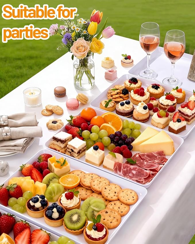 YOUBET 8 PCS Plastic Serving Trays - White Trays for Serving Food - Super Strong Disposable Platters, Heavy Duty Plastic Trays for BBQ, Picnic, Party, Wedding