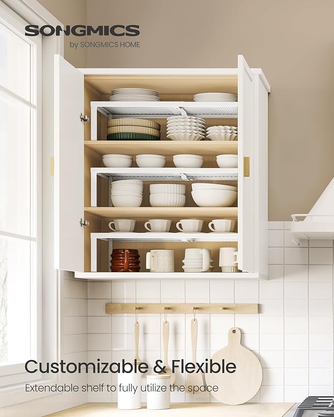 SONGMICS Spice Rack, Expandable Kitchen Countertop Shelf, Small Cupboard Organizer, Metal, Space-Saving Tabletop Shelf, Matte White UKCS007W01