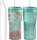 JunVpic Glass Coffee Cups with Lids and Straws, 20 OZ Green Iced Water Glasses Tumblers for Ice Juice, Tea, Milk, Smoothie and Cold or Hot Drinks, Set of 2