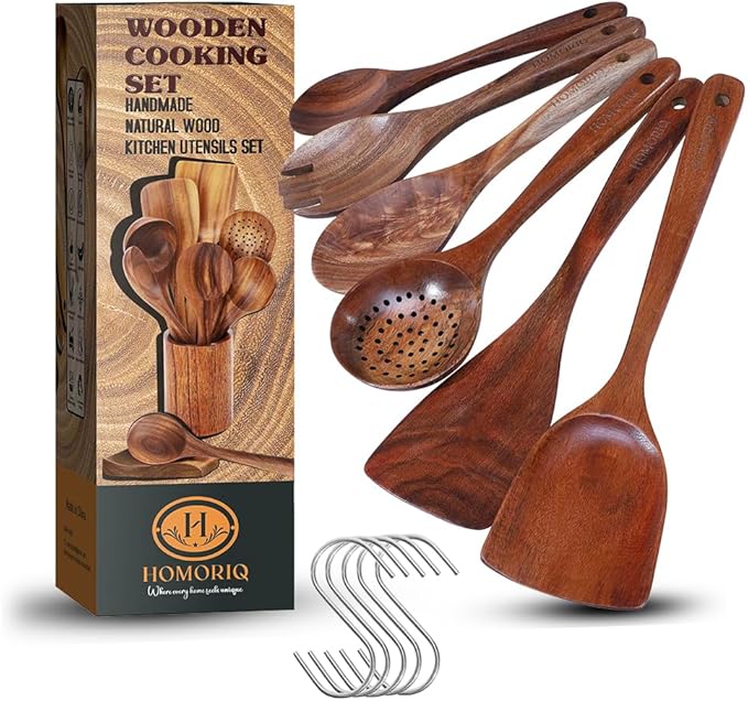 6-Piece Teak Wooden Cooking Utensils Set – Heat-Resistant Spoons & Spatulas | Natural Wood, Non-Stick Safe Kitchen Tools