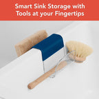 Spectrum Sink Saddle for Kitchen Sink Blue Clear Sponge and Brush Holder Organizer, Dish Brush and Sponges Plastic Saddle Caddy for Double Sink Storage with Drain Holes for Quick Drying Organization