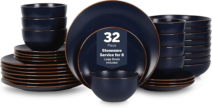 Stone Lain Brasa Stoneware 32 Piece Modern Dinnerware Sets, Plates and bowls, Service for 8, Blue, Microwave & Dishwasher Safe