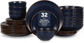 Stone Lain Brasa Stoneware 32 Piece Modern Dinnerware Sets, Plates and bowls, Service for 8, Blue, Microwave & Dishwasher Safe
