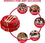 Liacere 350PCS Red Plastic Plates - Red Disposable Plates With Gold Rim - 50Guest Baroque Plastic Dinnerware include 100Plates-50Pack Pre Rolled Napkins with Silverware 50Cups for party & Mothers Day