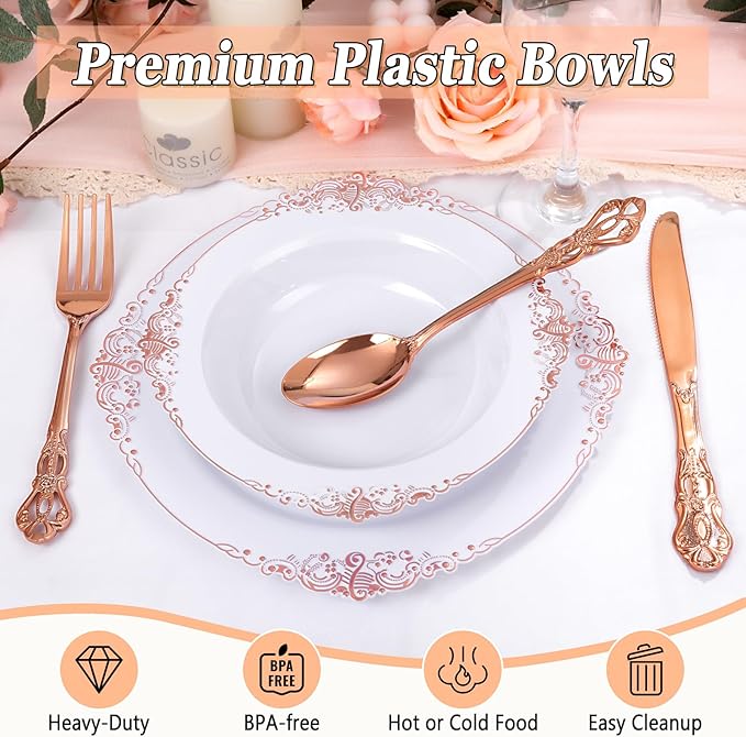 100PCS Rose Gold Plastic Bowls - 12 oz Disposable Salad Bowls - Heavy Duty Disposable Soup Bowl - Fancy Plastic Ice Cream Bowl for Weddings Parties Catering Picnics Mother‘s Day