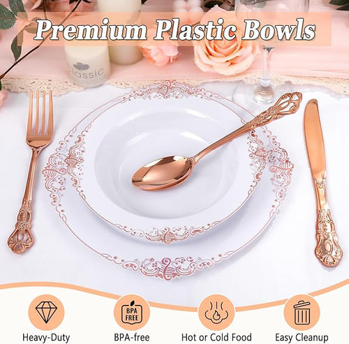 100PCS Rose Gold Plastic Bowls - 12 oz Disposable Salad Bowls - Heavy Duty Disposable Soup Bowl - Fancy Plastic Ice Cream Bowl for Weddings Parties Catering Picnics Mother‘s Day