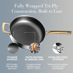 FogDream Titanium Non Stick Frying Pan, 10in Tri-Ply Stainless Steel Deep Saute Pan, All-in-One Cookware Set with Stainless Lid, Stay Cool Handle, Dishwasher & Oven-Safe,Induction Compatible,Gold