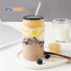 Joyclub 4pcs Glass Cups with Acrylic Lids and Straws 16 oz Can Shaped Glass Iced Coffee Cups with Lids and Straws, Cute Tumbler Cup Drinking Glasses for Smoothie Whiskey Boba Soda Tea Gift