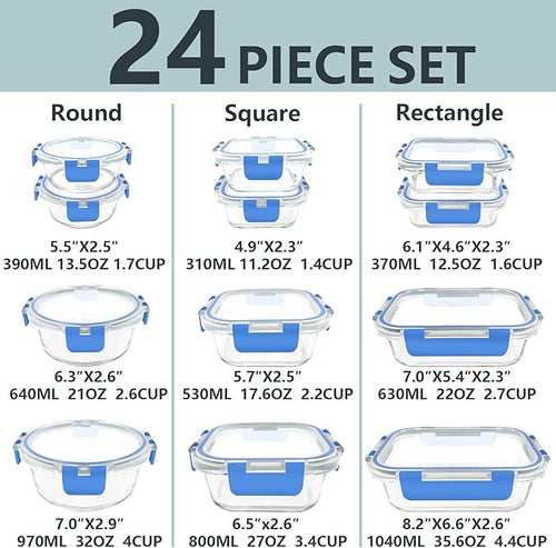 12 Pack Glass Food Storage Container Set with Lids Airtight, Stackable Meal Prep & Leftover Containers, Lunch Box for Microwave, Oven, Freezer and Dishwasher (Blue)