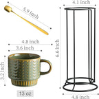 Miamolo Coffee Mugs Set of 4 with Spoons & Rack, Stackable Espresso Cups 13oz Coffee Mug for Drinks Latte Cappuccino Tea, Turkish Coffee Cup for Housewarming Wedding Gift, Dishwasher Safe