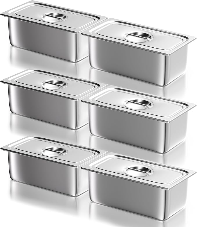 WantJoin Steam Table Hotel Pans with Lid 1/3 Third Size 2.5 Inch Deep 6 Pack, Stainless Steel Metal Food Storage Container Tray Sets, Restaurant Chafing Dishes Commercial Buffet Warmer Catering