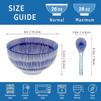 Japanese Ceramic Bowls Set of 6, 28 Oz Large Asian Porcelain Ramen Soup Salad Cereal Noodle Bowl with 6 Spoons, Deep Bowl for Kitchen Decor and Housewarming Gift, Dishwasher & Microwave Safe