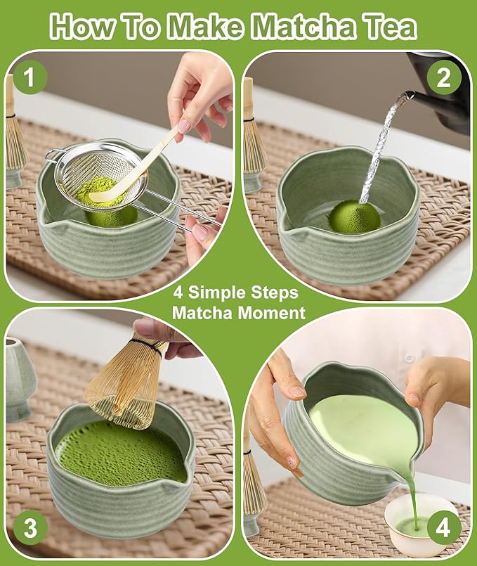JBER Matcha Whisk Set, Ceramic Matcha Set Includes Matcha Bowl, Matcha Whisk (Chasen) and Holder, Sifter, Bamboo Scoop, Spoon & Rest - 7 Pcs Matcha Kit Set for Matcha Lovers Ceremony, Mottled Green