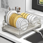 Dish Drying Rack,Dish Racks for Kitchen Counter,Metal Dish Drainer with Adjustable Drainage Spout,Removable Knife and Fork Holder (Grey)