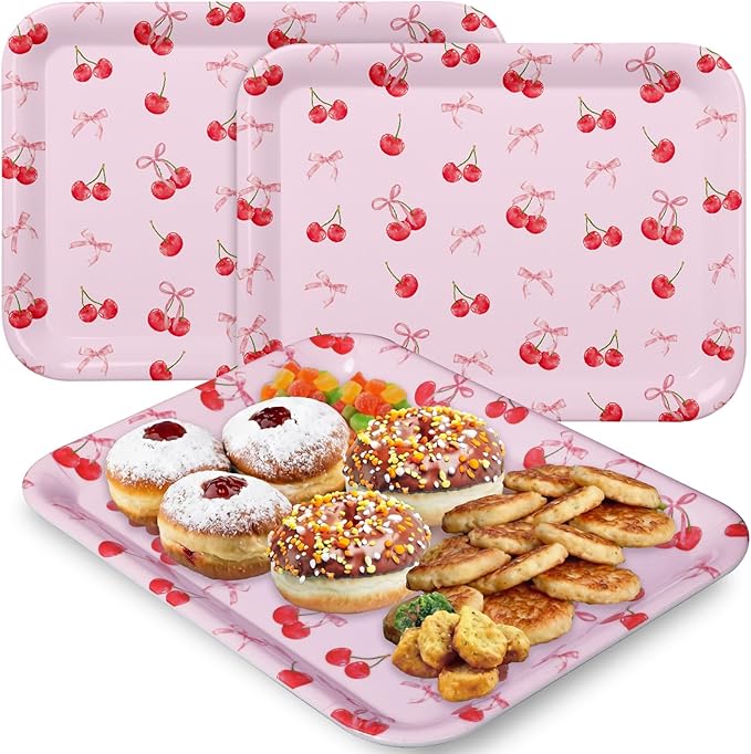 Vesici 3 Pcs Cherry Bow Serving Trays 13 x 10 Inch Pink Bow Cherry Melamine Platters Reusable Rectangular Serving Dishes for Coquette Wedding Baby Shower Birthday Party Sharing Snack Fruit Dessert