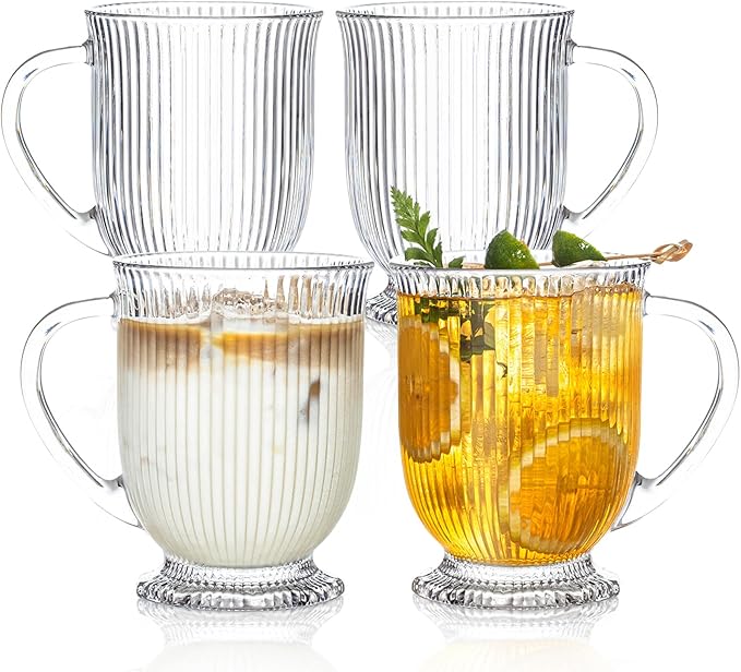 KEMORELA Glass Coffee Mugs Set of 4, Ribbed Large Coffee Mug 16 Oz With Handles for Hot Beverages, Clear Mugs for Tea, Cappuccino, Latte, Espresso Coffee, Glass Coffee Cups Large Coffee Mug