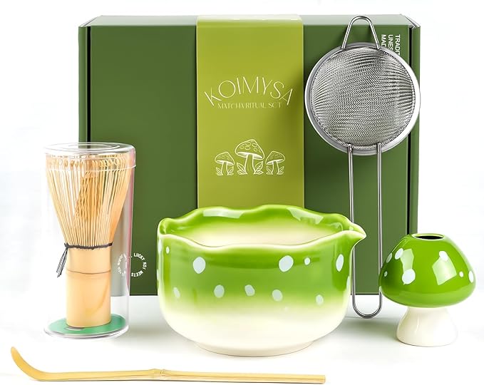 Cute Mushroom Matcha Bowl Set, Traditional Japanese Matcha Tea Ceremony Kit, Handcrafted Ceramic Whisk Holder and Bowl, Green
