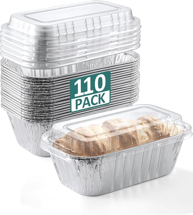 110 Pack 6x3.5x2 Disposable Aluminum Loaf Pans with Lids - 1 Lb Mini Loaf Pans, Small Aluminum Tin Foil Baking Pan, Food Containers for Baking, Cakes, Bread, Meat, Loaves