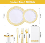 Bestluck 700PCS Gold Plastic Dinnerware Set for 100 Guests, Disposable Plates for Party, Include 100 Gold Dinner Plates, 100 Dessert Plates, 100 Set Silverware, 100 Cups, 100 Napkins