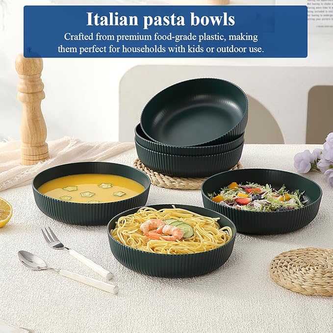 HOMQUEN Pasta Bowls Set of 6, 37oz Salad Bowls Green Soup Bowls, Large Pasta Serving Bowls, Unbreakable Plastic Dinner Bowls, Dinnerware Sets,Valentines Day Gift, Dishwasher Safe (Green)