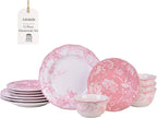 222 Fifth Adelaide Blush 12-Piece Pink Porcelain Dinnerware Set – Service for 4, Big Dinner Plates and Bowls Sets, White with Pink Floral Pattern, for Daily Entertainment, Microwave & Dishwasher Safe