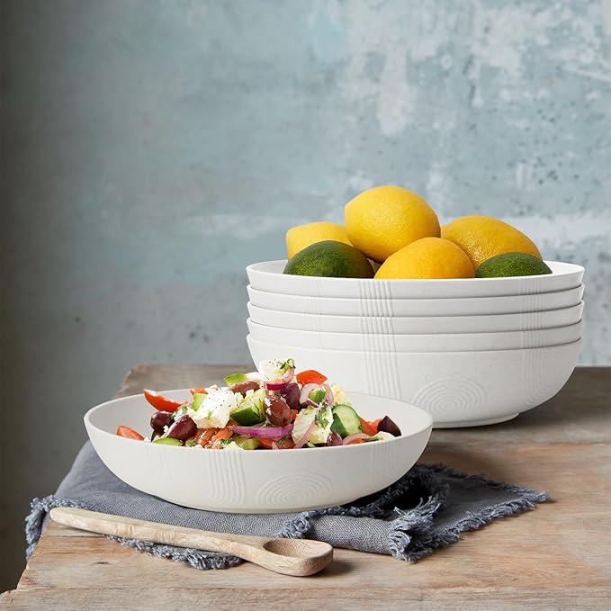 Wrova 10inch Wheat Straw Salad Bowls Set of 6 - Unbreakable Large Serving Bowls Microwave & Dishwasher Safe for restaurant - Big Plastic Bowls for Cereal,Salad - White Series
