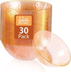 Rubtlamp 30 Pack Clear Orange Disposable Bowls, Clear Plastic Bowls with Gold Rim, 12-16oz Premium Heavy Duty Plastic Soup Bowls, Gold Disposable Bowls for Party