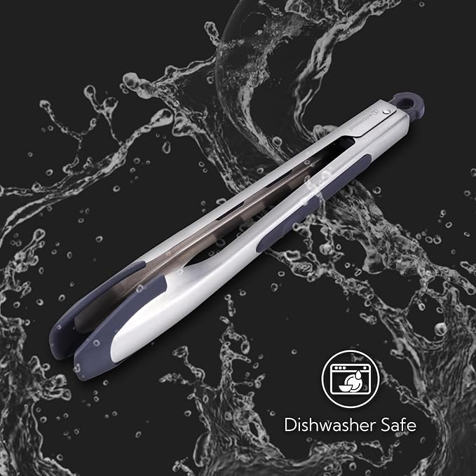 KITCHENDAO Tongs for Cooking with Silicone Tips 12 Inch, One-handed for Convenience, Soft-touch Handle, Silicone Tipped Stainless Steel Kitchen Food Grill BBQ Tongs for Non-stick Cookware Air Fryer
