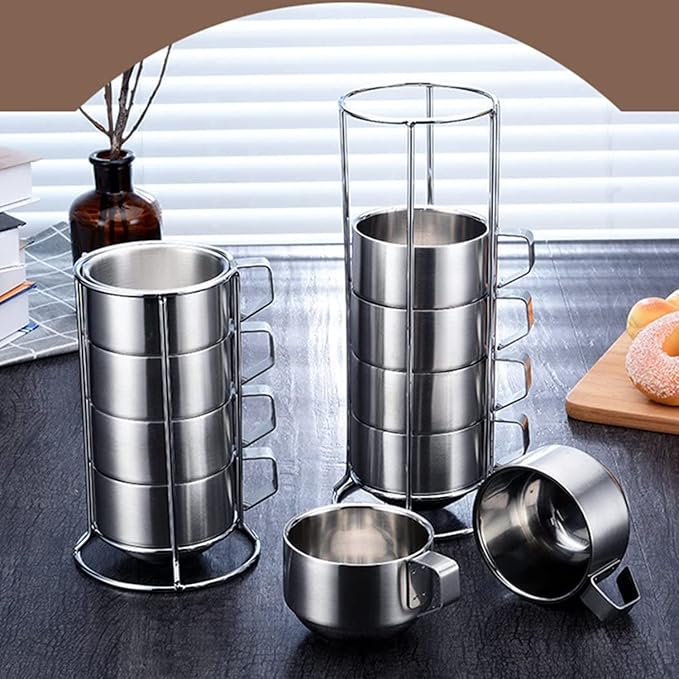 SZCXTOP 6.8 Oz Stainless Steel Coffee Cups Set of 4 Mug,Stackable Double Heat Insulation Metal Coffee Mugs with Stand Rack,Perfect for Cold Drinks or Hot Drink (4)