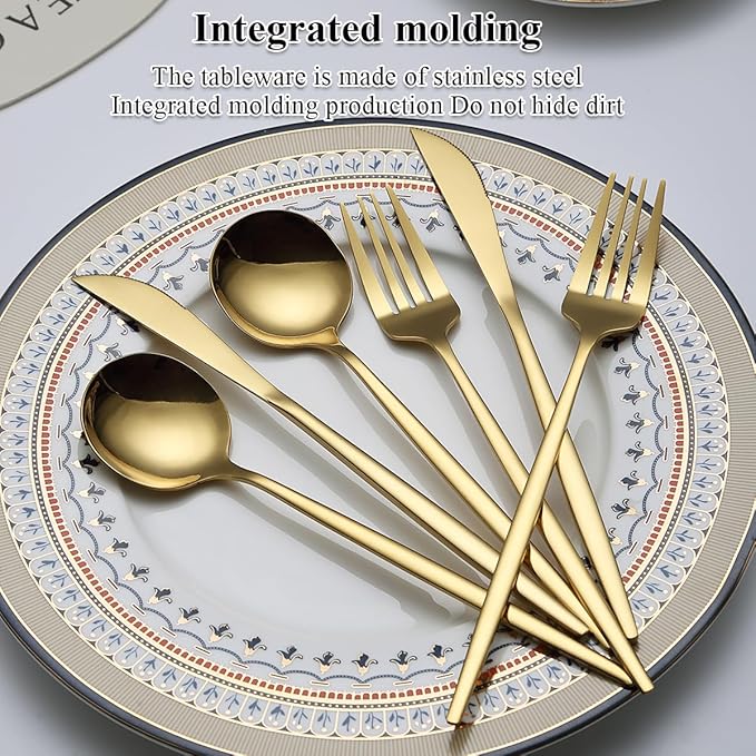 Evanda Gold Silverware Set 60 Piece Service for 20, Titanium Gold Plated Stainless Steel Flatware Set, Knives Forks Spoons Cutlery Set for Wedding, Parties, Birthday, Restauroom, Dishwasher Safe