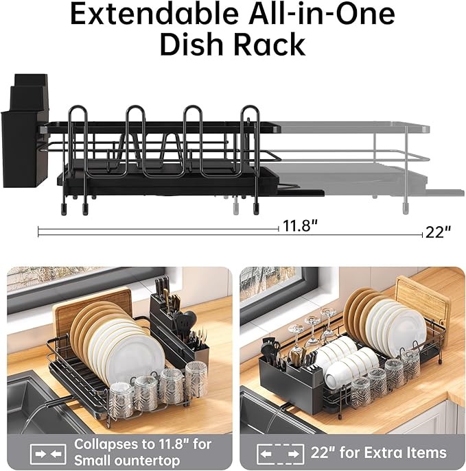 Foldable Dish Drying Rack for Kitchen Counter, Drying Rack Kitchen Counter, Sink Dish Drainer with Plate Holder, Small Kitchen Dish Strainer & Dish Dryer Organizer, Adjustable 13.7"-22.83"