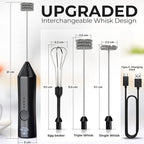 Zulay Kitchen Rechargeable Milk Frother - Dynamic - 3 Speeds, 3 Whisk Attachments, 500 mAh USB Charging, Drink Mixer For Latte, Cappuccino, Matcha, Protein Powder, Coffee Foam - Black