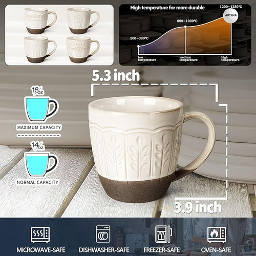 Artena Ceramic Coffee Mugs Set of 4, 16oz Embossed Large Latte Mugs Coffee Cups with Handle for Tea, Latte, Cappuccino & Cocoa, Milk Dishwasher & Microwave Safe, White (Wheat Leaf)