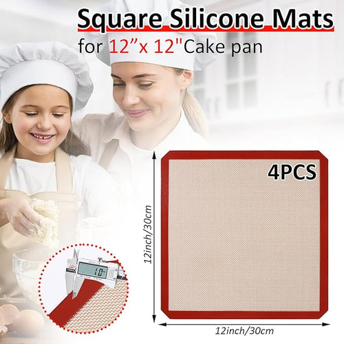 4 Pack 12" x 12" Reusable Silicone Baking Mat for 12 Inch Cake Pan/12x12 Cheesecake Pan/Toaster Oven/XL Air Fryer,12" Food Grade Silicone Mat for Baking Sheet, Non-Stick&Reusable