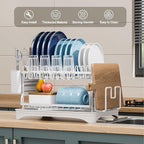 Kitchen Dish Drying Rack,2 Tier Dish Drying Rack with Draining Board, Kitchen Countertop Organizer, Multi-Use Utensil Organizer and Cup Holder, White
