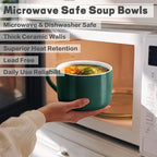 Soup Bowls with Handles & Spoons, 30oz Ceramic Ramen Bowl with Lid, Large Soup Mugs/Cups for Instant Noodle, Big Cereal Bowls for Oatmeal, Soup Containers with Lids, Set of 2, Dark Green