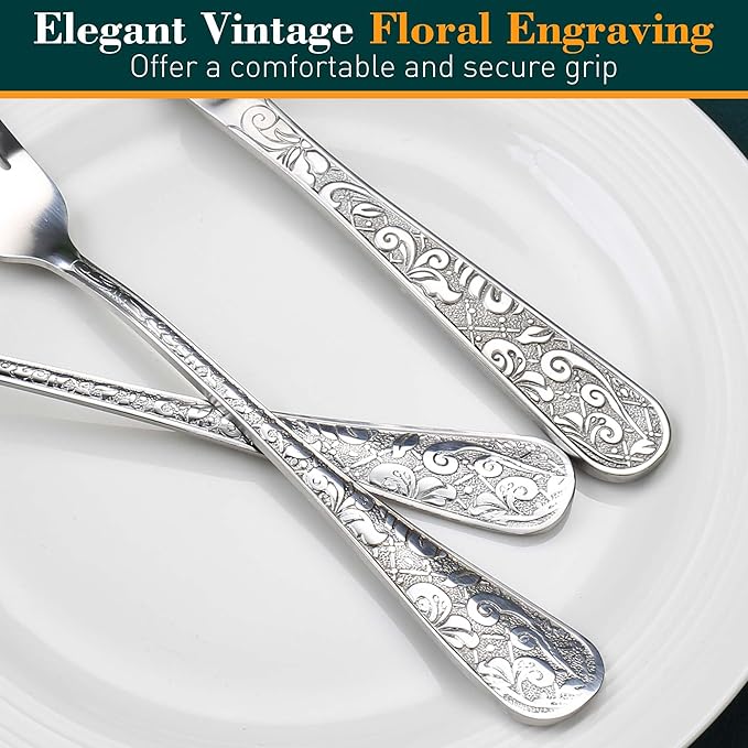 Silverware Set, 30 Pieces Vintage Carved Flatware Set for 6, Stainless Steel Cutlery Set with Knife/Fork/Spoon,Utensil Set for Home and Kitchen, Dishwasher Safe