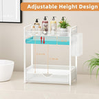 VITVITI 2 Tier Bathroom Organizer Countertop with Drawer, Metal Mesh Bathroom Counter Vanity Organizer Storage, Bath Room Shelf Sink Kitchen Spice Rack with Basket Hooks, White