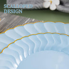 Lullaby 60PCS Light Blue Scalloped Plastic Plates with Gold Rim, Includes 30PCS Dinner Plate 10'' and 30PCS Dessert Plate 7.5'', Baby Blue Plastic Plates for Party, Wedding and Daily Use