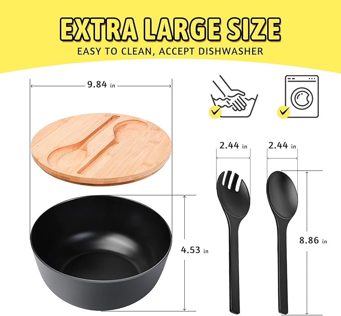 ECOWAY Bamboo Fiber Salad Bowl with Lid & Servers, 4Qt, Melamine Salad Serving Bowls Set with Bamboo Lid, Salad Mixing Bowl with Spoon Fork for Fruits Vegetables and Pasta (Black, 9.8inch)