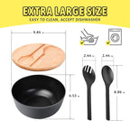 ECOWAY Bamboo Fiber Salad Bowl with Lid & Servers, 4Qt, Melamine Salad Serving Bowls Set with Bamboo Lid, Salad Mixing Bowl with Spoon Fork for Fruits Vegetables and Pasta (Black, 9.8inch)